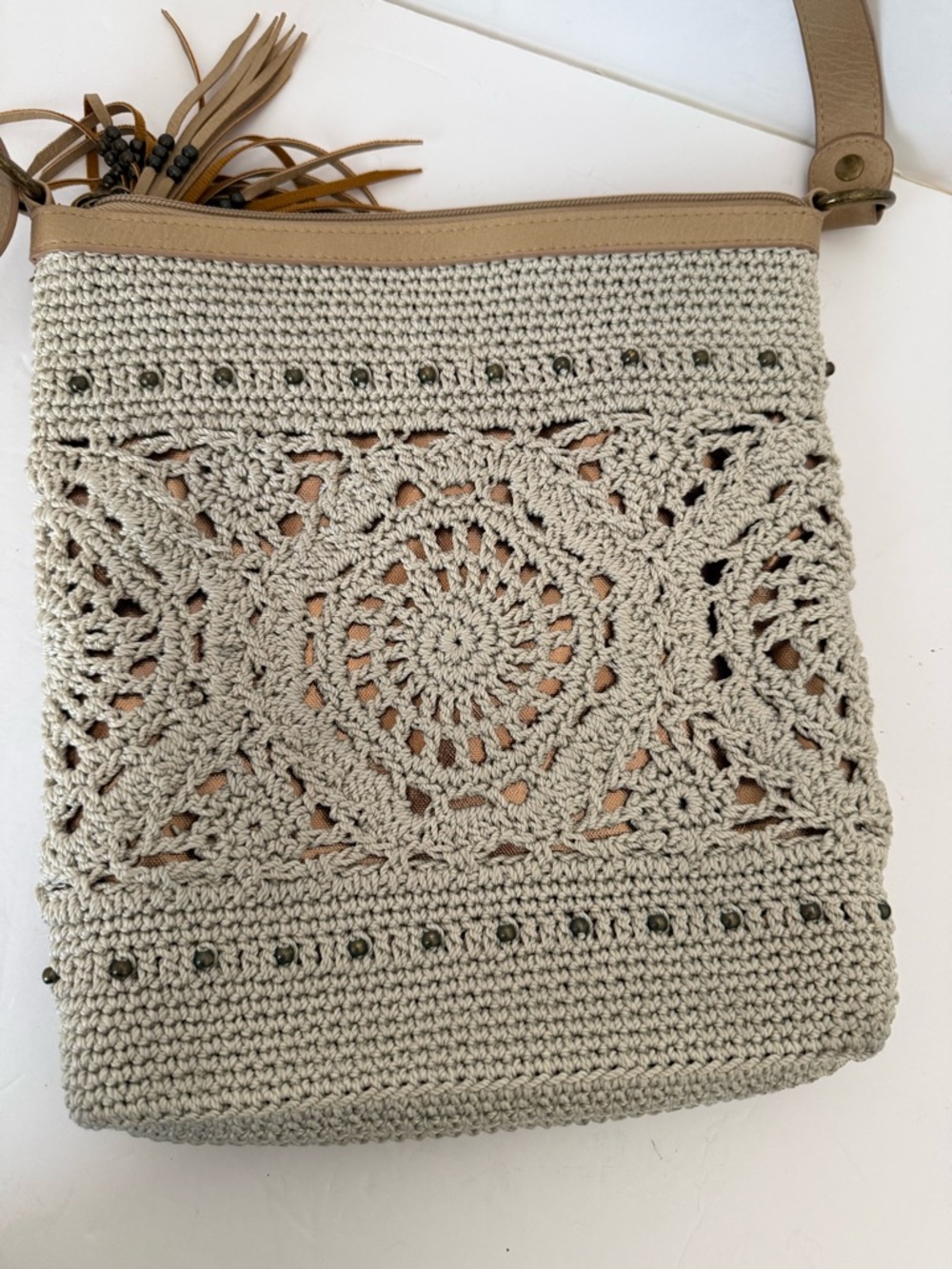 The Sak Hand-Crocheted Light Gray Crossbody Bag with Stud Accents - Picture 9 of 15